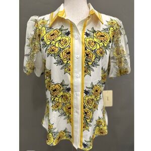 Peach Floral White Yellow Button Down Top Puff Sleeve Bloomcore Artsy Medium NWT
